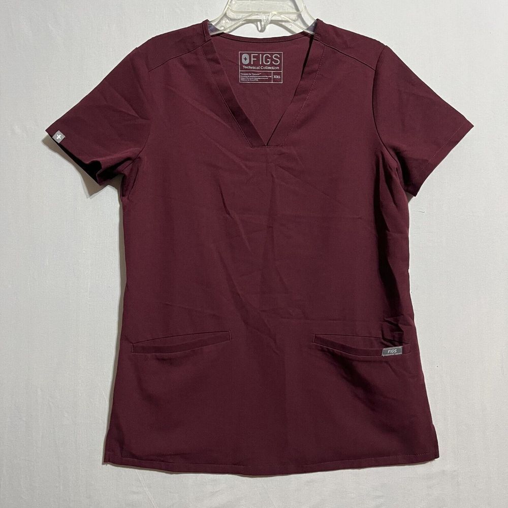 Figs Scrub Top Women's XXS Maroon Stretch Pockets V-Neck Short‎ Sleeve Pullover